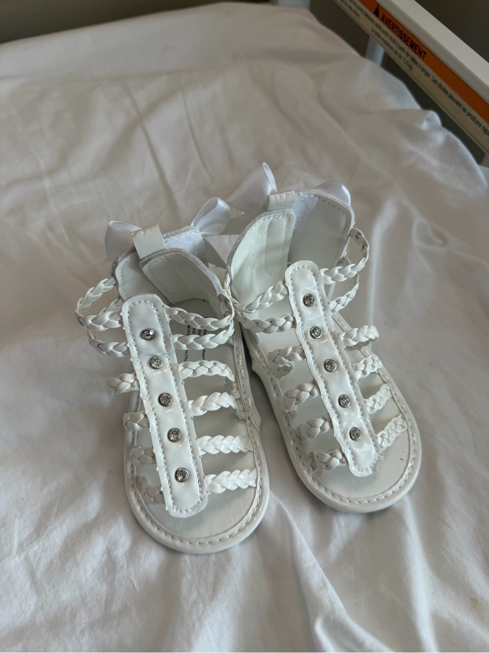 Girls' White Braided Sandals with Decorative Gems